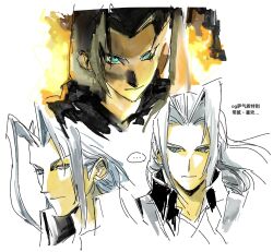 ... 1boy chinese_text closed_mouth derivative_work final_fantasy final_fantasy_vii fire glowing glowing_eyes grey_hair hair_behind_ear highres kyuu_vide long_hair male_focus parted_bangs portrait screenshot_redraw sephiroth slit_pupils speech_bubble white_background