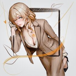 Rule 34 | 1girl, adjusting footwear, aglaea (fashion) (honkai: star rail), aglaea (honkai: star rail), blonde hair, breast tattoo, breasts, brown skirt, brown vest, cleavage, commentary, english commentary, gloves, gold tattoo, green eyes, high heels, honkai: star rail, honkai (series), large breasts, laurel crown, mdamemiina, official alternate costume, one eye closed, short hair, simple background, skirt, solo, tattoo, thread, twitter username, vest, white background, white gloves