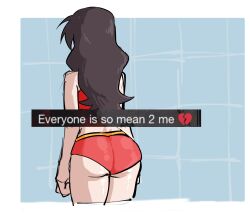 1girl ameh_li ass azumanga_daiou bikini blue_background brown_hair emoji english_text facing_away highres long_hair red_bikini shiny_skin sports_bikini swimsuit tanizaki_yukari wavy_hair
