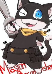 1boy animal_ears blue_eyes cat_boy cat_ears cat_tail claws commentary_request english_text fangs furry furry_male hand_on_own_hip highres holding holding_sword holding_weapon male_focus morgana_(persona_5) neckerchief one_eye_closed open_mouth paw_print pawpads persona persona_5 shirokumaou sword tail weapon white_background yellow_neckerchief