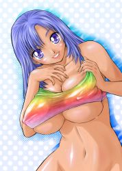 1girl blue_eyes blue_hair blush bottomless breasts cleavage covered_erect_nipples female_focus highres large_breasts long_hair matching_hair/eyes navel no_bra no_panties original smile solo sweat underboob wolfpack