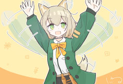 1girl :d animal_ears arknights arms_up black_choker blonde_hair bow bowtie cardigan choker collared_shirt commentary green_cardigan green_eyes highres keirono long_sleeves looking_at_viewer motion_lines open_cardigan open_clothes open_mouth outstretched_arms podenco_(arknights) shirt short_hair sketch smile solo split_mouth toggles waving_arms white_shirt yellow_background yellow_bow yellow_bowtie