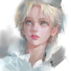 1boy absurdres bad_link blonde_hair blue_eyes bm94199 hat highres looking_at_viewer open_mouth original pink_lips shirt short_hair simple_background solo white_shirt