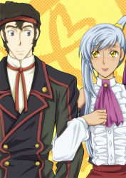 1boy 1girl black_eyes black_hair blush code_geass couple dark_skin detached_sleeves headband long_hair military military_uniform ohgi_kaname ponytail short_hair silver_hair uzura_(suzukane) villetta_nu yellow_eyes