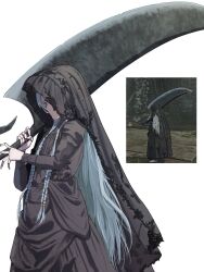 1girl black_cloak black_robe cloak commentary_request doll_joints elden_ring elden_ring_nightreign game_screenshot_inset highres holding holding_sword holding_weapon hood hooded_cloak joints purple_eyes reference_inset revenant_(elden_ring) robe shitsugaikotsu simple_background solo sword weapon white_background