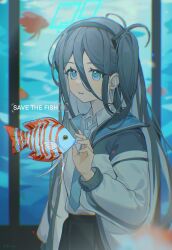 1girl aquarium ariko_(aaaaarik) aris_(blue_archive) black_hair blue_archive blue_eyes blurry blurry_foreground collared_shirt commentary detroit:_become_human english_commentary english_text fish gameplay_mechanics hairband highres jacket long_hair long_sleeves necktie one_side_up parted_lips shirt shirt_tucked_in smile solo very_long_hair