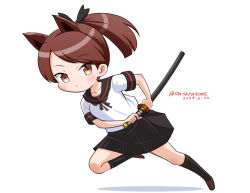 1girl anchor_symbol animal_ears black_sailor_collar black_skirt brown_eyes brown_hair brown_neckerchief cat_ears cat_tail dated full_body kantai_collection katana masara_(chuujou) neckerchief one-hour_drawing_challenge pleated_skirt ponytail running sailor_collar sailor_shirt scabbard school_uniform serafuku sheath shikinami_(kancolle) shikinami_kai_ni_(kancolle) shirt short_hair simple_background skirt solo sword tail twitter_username unsheathing weapon white_background