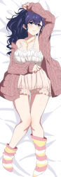 1girl absurdres arimon_(dfrgty12) arm_under_breasts arm_up armpits asahina_mafuyu asymmetrical_legwear babydoll bed_sheet blush bow breasts bright_pupils brown_cardigan cable_knit cardigan chromatic_aberration cleavage commentary_request crescent crescent_necklace dakimakura_(medium) fingernails full_body gold_necklace hair_between_eyes high_ponytail highres jewelry knees_together_feet_apart large_breasts long_hair long_sleeves looking_at_viewer lying necklace no_shoes on_back open_cardigan open_clothes parted_lips pink_socks ponytail project_sekai puffy_long_sleeves puffy_sleeves purple_eyes purple_hair simple_background sleeves_past_wrists socks solo striped_clothes striped_socks uneven_legwear wavy_hair white_babydoll white_bow white_socks yellow_socks