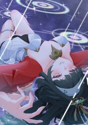 1girl absurdres ashimi_fugo astra_yao black_hair blunt_sidelocks breasts cleavage dress hairband highres jewelry large_breasts looking_at_viewer lying necklace on_back pearl_necklace red_eyes red_shrug ring_hair_ornament sidelocks smile thigh_beads uneven_bangs white_dress white_hairband zenless_zone_zero