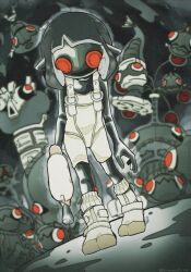 1girl battering_lento black_hair bodysuit boots colored_skin commentary_request drizzling_cappriccioso grey_skin gun gushing_trionfale highres holding holding_gun holding_weapon homing_arpeggio jelleton mask nintendo parallel_canon_(splatoon) red_eyes sleeveless sleeveless_bodysuit socks spawning_accordo splatoon_(series) splatoon_3 splatoon_3:_side_order springing_spiccato suzuuuki_no swarming_languendo towering_nobilmente weapon white_bodysuit white_footwear white_socks