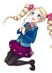 10s 1girl beatrice_(re:zero) black_pantyhose blonde_hair blue_eyes bug butterfly butterfly-shaped_pupils drill_hair female_focus insect kamome_yuu kneeling long_hair open_mouth pantyhose re:zero_kara_hajimeru_isekai_seikatsu ribbon skirt smile solo symbol-shaped_pupils twin_drills white_background