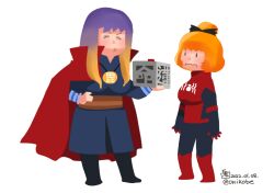 2girls black_bow black_dress black_eyes blonde_hair bodysuit bow breasts cape closed_eyes closed_mouth commentary_request cosplay dated doctor_strange doctor_strange_(cosplay) dress full_body gradient_hair hair_bow hair_bun hijiri_byakuren kurodani_yamame large_breasts long_hair looking_at_another marvel multicolored_hair multiple_girls no_lineart onikobe_rin purple_hair red_bodysuit red_cape short_hair simple_background single_hair_bun solid_oval_eyes spider-man spider-man_(cosplay) spider-man_(series) standing touhou wavy_mouth white_background