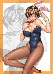 1girl animal_ears bang-you blush breasts brown_eyes brown_hair cleavage covered_erect_nipples detached_collar fake_animal_ears feet female_focus highres kashiwagi_azusa kizuato large_breasts legs leotard outside_border pantyhose playboy_bunny rabbit_ears solo zoom_layer