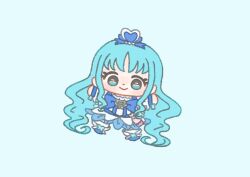 Rule 34 | 1girl, absurdly long hair, anklet, beads, blue background, blue boots, blue bow, blue bowtie, blue dress, blue eyes, blue hair, blue ribbon, blue theme, blue wrist cuffs, boots, bow, bowtie, brooch, chibi, closed mouth, cure marine, dot nose, dress, eyelashes, flower, flower dress, footwear flower, frilled wrist cuffs, frills, green brooch, hair beads, hair ornament, hair ribbon, happy, heart, heart brooch, heart hair ornament, heartcatch precure!, ichigo usuhana, jewelry, kurumi erika, light blush, long hair, looking at viewer, magical girl, outstretched arms, pink bag, precure, puffy short sleeves, puffy sleeves, ribbon, short dress, short sleeves, sidelocks, simple background, smile, solo, tareme, thighhighs, very long hair, waist bag, wavy hair, white sleeves, white thighhighs, wrist cuffs