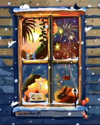 aerial_fireworks animal animal_focus artist_name balloon cake cake_slice chinese_zodiac fireworks food fruit issiki_toaki lamppost lantern looking_outside night no_humans original outdoors rabbit red_scarf scarf scenery sky snow snowing tree window windowsill winter year_of_the_rabbit