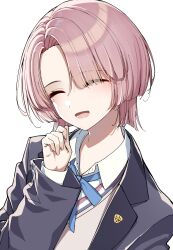 1girl ^_^ absurdres arimura_mao asymmetrical_bangs black_jacket blue_eyes blue_ribbon blush closed_eyes gakuen_idolmaster go-1 highres idolmaster jacket long_sleeves pink_hair ribbon shirt simple_background smile solo sweater_vest upper_body white_background white_shirt