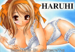 Rule 34 | 1girl, blush, bra, breasts, brown eyes, brown hair, cleavage, hairband, lace, lace-trimmed bra, lace-trimmed legwear, lace-trimmed panties, lace trim, large breasts, lingerie, looking at viewer, marker (medium), medium breasts, medium hair, navel, nightmare77zx, panties, smile, solo, suzumiya haruhi, suzumiya haruhi no yuuutsu, traditional media, underwear, underwear only, white bra