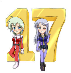Rule 34 | 2girls, aina saharin, blue eyes, blush, chibi, eterna frail, eterna freil, green hair, gundam, gundam 08th ms team, inoue kikuko, looking at viewer, multiple girls, one eye closed, pilot suit, sd gundam, silver hair, simple background, smile, voice actor connection, white background, wink