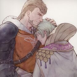 2boys beard blonde_hair closed_eyes closed_mouth commentary_request facial_hair father_and_son fire_emblem fire_emblem:_three_houses fire_emblem_heroes green_hair hand_on_another&#039;s_head jeralt_reus_eisner long_mustache male_byleth_(enlightened)_(fire_emblem) male_byleth_(fire_emblem) male_byleth_(the_fodlan_star)_(fire_emblem) male_focus mature_male multiple_boys mustache nintendo orange_tunic robe short_hair simple_background thick_beard tiara tohka_sd tunic white_background white_robe