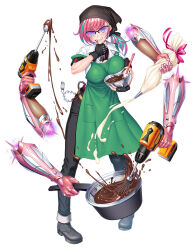 apron baking blue_eyes blue_hair breasts chocolate drill elsie_momoa fingerless_gloves gloves headscarf large_breasts lilith-soft mechanical_arms multicolored_hair official_alternate_costume official_art pink_hair short_sleeves taimanin_(series) taimanin_rpgx