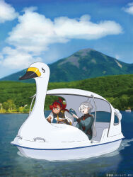 2girls absurdres ahoge artist_request asticassia_school_uniform boat cloud cloudy_sky copyright_notice gundam gundam_suisei_no_majo hair_between_eyes hairband highres index_finger_raised lake miorine_rembran mountain multiple_girls nature official_art outdoors photo_background pointing red_hair school_uniform sky suletta_mercury swan_boat thick_eyebrows watercraft wheel white_hair