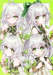 1girl :o ;) ahoge alternate_hairstyle bare_shoulders blush bow bracelet closed_mouth commentary_request detached_sleeves dress genshin_impact gold_trim gradient_hair green_bow green_eyes green_hair green_sleeves hair_between_eyes hair_bow hair_ornament hand_up hands_up highres jewelry leaf_hair_ornament long_hair looking_at_viewer moco_(moco_8854) multicolored_hair multiple_views nahida_(genshin_impact) one_eye_closed open_mouth pointy_ears sleeveless sleeveless_dress smile star-shaped_pupils star_(symbol) symbol-shaped_pupils twintails white_dress white_hair