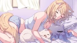 1girl absurdres alheitrakzoth animal_ears breasts cat_ears cat_girl cat_tail closed_eyes commentary english_commentary facial_mark highres indie_virtual_youtuber lying medium_breasts navel on_side pokatto_(squchan) second-party_source shorts shyrei_faolan sleeping tail tank_top u_da_desu virtual_youtuber whisker_markings white_tank_top