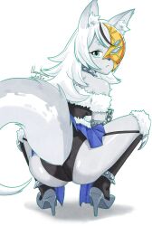 1girl absurdres animal_ears artist_name ass ass_focus black_bodysuit black_hair blue_eyes blue_skirt bodysuit breasts chain closed_mouth clothing_cutout collar colored_skin crescent_moon dated duel_monster furry furry_female grey_hair grey_skin half_mask high_heels highres large_breasts long_hair lunalight_silver_hound mask moon multicolored_hair nanaeljustice one_eye_covered skirt solo spiked_collar spikes squatting tail two-tone_hair white_background wolf_ears wolf_girl wolf_tail yu-gi-oh!