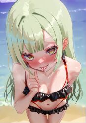 1girl absurdres bang_dream! bang_dream!_it&#039;s_mygo!!!!! beach bikini black_bikini breasts day earrings frilled_bikini frills green_hair highres jewelry long_hair looking_at_viewer medium_breasts mortis_(bang_dream!) navel outdoors shiny_skin sidelocks solo standing swimsuit tongue tongue_out wakaba_mutsumi water wet yellow_eyes yuzi124