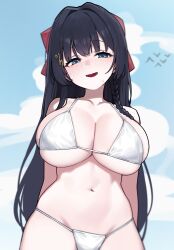 1girl absurdres arms_behind_back bikini black_hair blue_eyes blue_sky braid breasts cleavage cloud collarbone commentary flock hair_ornament heart heart_hair_ornament highres large-billed_crow long_hair looking_at_viewer navel open_mouth sangobob shirayuki_hina simple_bird sky solo stellive stomach string_bikini sweatdrop swimsuit virtual_youtuber white_bikini