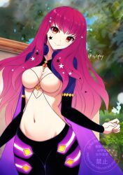 1girl black_bridal_gauntlets black_leggings black_pants breasts bridal_gauntlets cape cleavage clothing_cutout crop_top facial_mark fire_emblem fire_emblem_engage hair_ornament leggings long_hair looking_at_viewer midriff nintendo pants sage_outfit_(fire_emblem_engage) smile solo star_(symbol) star_facial_mark star_hair_ornament stomach_cutout sylphy_fe yunaka_(fire_emblem)