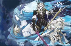 1boy 2girls aristocratic_clothes armor artist_name ascot azura_(fire_emblem) bare_shoulders black_armor black_hairband blue_gemstone brooch cape commentary double-parted_bangs dragon_horns dress egguv english_commentary female_corrin_(fire_emblem) fire_emblem fire_emblem_fates floating_hair gem gloves hair_between_eyes hair_over_one_eye hairband half-siblings highres holding holding_sword holding_weapon horns jewelry long_hair male_corrin_(fire_emblem) multiple_girls nintendo parted_bangs pendant pointy_ears red_eyes short_hair sword weapon white_hair