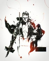 1girl absurdres assault_rifle beta_c-mag carbine collarbone double-drum_magazine drum_magazine english_text gun high-capacity_magazine highres holding holding_gun holding_weapon jumping kubaushi looking_at_viewer m16 m231_firing_port_weapon magazine_(weapon) mature_female metal_gear_(series) metal_gear_solid metal_gear_solid_3:_snake_eater patriot_(metal_gear) plunging_neckline rifle scar scar_on_stomach short-barreled_rifle solo stitches the_boss unzipped upper_body weapon