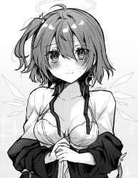 Rule 34 | 1girl, absurdres, amesaki vanilla, arknights, blush, bra, breasts, closed mouth, collarbone, commentary request, detached wings, earrings, embarrassed, exusiai (arknights), exusiai the new covenant (arknights), greyscale, hair between eyes, halo, highres, jewelry, looking at viewer, medium breasts, monochrome, off shoulder, own hands together, short hair, solo, sparkle, traditional halo, underwear, undressing, upper body, wings
