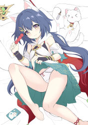 &gt;_&lt; 1girl :3 animal animal_ear_fluff animal_ears barefoot bed_sheet bell blue_hair blue_skirt bow bow_panties brown_eyes cat closed_eyes closed_mouth clothes_lift commentary copyright_request detached_sleeves hair_between_eyes highres jingle_bell long_hair looking_at_viewer lying neck_bell on_side panties pillow pleated_skirt puffy_short_sleeves puffy_sleeves sakuraba_hikaru_(loveindog) short_sleeves skirt skirt_lift smile solo underwear very_long_hair white_cat white_panties white_sleeves