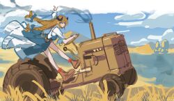 1girl absurdres arknights arm_up bagpipe_(arknights) bagpipe_(echo_of_bagpipes)_(arknights) blue_bow blue_eyes blue_overalls boots bow braid brown_boots brown_hair closed_mouth dragon_girl dragon_horns dress driving field hair_bow highres horns long_hair looking_at_viewer on_tractor outdoors overalls smile smoke solo tractor twin_braids white_dress whitebuckleqwq