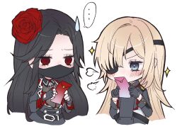 ... 2girls belt black_coat black_dress black_gloves black_hair black_mask black_skirt blonde_hair blue_eyes blush breasts chibi coat collar dress eyepatch fingerless_gloves flower gloves goddess_of_victory:_nikke guillotine_(nikke) hair_flower hair_ornament half_gloves holding lock long_hair maiden_(nikke) mask military_uniform mouth_mask multiple_girls parted_bangs red_coat red_eyes red_flower shoulder_spikes skirt small_breasts sparkle spikes spoken_ellipsis tu_pa_pa_pa wavy_hair white_background