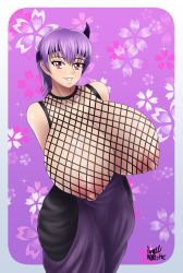 1girl absurdres ayane_(doa) azrael bare_shoulders breasts cleavage dead_or_alive dead_or_alive_5 female_focus fishnets highres huge_breasts ninja large_areolae large_nipples looking_at_viewer nipples parted_lips purple_hair red_eyes short_hair smile solo standing tecmo