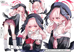 &lt;|&gt;_&lt;|&gt; 1girl absurdres bag bent_over black_bag black_shirt black_shoes black_wings blue_archive blush book closed_mouth crotch_seam feathered_wings flower hair_between_eyes hair_flower hair_ornament hat head_wings highres holding holding_bag holding_book kneepits koharu_(blue_archive) loli long_hair looking_at_viewer loose_socks multiple_views open_mouth pink_eyes pink_hair pink_skirt red_flower sak_(lemondisk) shirt shoes sidelocks single_bare_shoulder single_off_shoulder skirt socks sweatdrop twintails white_socks wings
