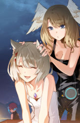 3girls bare_arms black_bodysuit black_choker black_hair blue_eyes bodysuit breast_tattoo breasts brown_hair camisole cat choker cleavage closed_eyes commentary_request eunie_(xenoblade) fiery_hair head_wings hey_cre highres medium_breasts mio_(xenoblade) multiple_girls open_mouth sena_(xenoblade) short_hair smile tattoo white_camisole white_hair wings xenoblade_chronicles_(series) xenoblade_chronicles_3