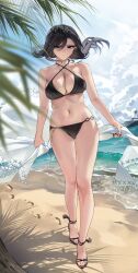 1girl bare_legs bare_shoulders bikini black_bikini black_eyes black_hair black_nails blue_sky breasts cleavage criss-cross_halter day halterneck highres large_breasts legs long_hair looking_at_viewer nail_polish navel ocean original outdoors parted_lips sabotensuteeki sandals sky solo stomach swimsuit thighs toenail_polish toenails toes