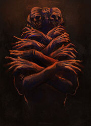 body_horror crossed_arms dread_delusion extra_arms grin highres horror_(theme) multiple_heads red_background sandersonrita smile solo upper_body