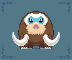 animal_focus black_sclera blue_background blue_border border colored_sclera full_body gen_4_pokemon looking_at_viewer mamoswine nintendo no_humans pixel_art pokemon pokemon_(creature) simple_background solo standing straight-on tusks white_eyes wisgarus