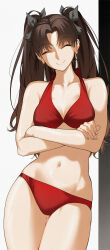 1girl absurdres bare_shoulders bikini breasts brown_hair cleavage closed_eyes collarbone fate/stay_night fate_(series) hair_ribbon highres kamisato_sora long_hair looking_at_viewer medium_breasts navel parted_bangs red_bikini ribbon smile solo swimsuit thighs tohsaka_rin two_side_up