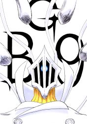 Rule 34 | 1other, alpen no koyari, bg9, bleach, bleach: sennen kessen-hen, buttons, character name, commentary, double-breasted, glowing, glowing eye, helmet, highres, incoming attack, jacket, kubo tite (style), looking at viewer, military uniform, official style, one-eyed, robot, simple background, solo, straight-on, upper body, white background, white jacket