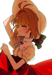 1girl alternate_costume antenna_hair blush bow brown_hair cardcaptor_sakura closed_eyes clothes_lift commentary dress dress_lift eyelashes hand_up hat hat_bow kinomoto_sakura kinomoto_sakura_(memories) puffy_short_sleeves puffy_sleeves sanamaru_(sana79261827) short_hair short_sleeves simple_background smile solo sunlight upper_body white_background