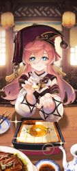 1girl :p antlers blush breasts chopsticks cleavage feeding food genshin_impact green_eyes hair_between_eyes half-closed_eyes highres holding holding_spoon horns indoors long_hair long_sleeves looking_at_viewer pink_hair plate pov red_headwear sitting small_breasts smile sparkle spoon table teapot tofu tongue tongue_out vongola_x wide_sleeves yanfei_(genshin_impact)
