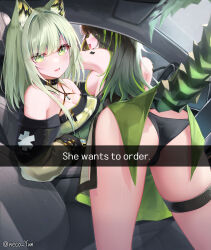 2girls animal_ear_fluff animal_ears arknights ass black_panties breasts car_interior cat_ears cat_girl cleavage commentary_request dress green_dress green_eyes green_hair he_wants_to_order_(meme) highres kal&#039;tsit_(arknights) large_breasts looking_at_viewer medium_breasts meme mon3tr_(arknights) multicolored_hair multiple_girls paid_reward_available panties short_hair sideboob sitting tail thigh_strap thighs twitter_username two-tone_hair underwear variant_set yeosi