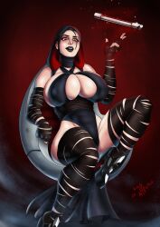 Rule 34 | 1girl, alternate breast size, armband, art infected, artist name, bare shoulders, black boots, black dress, black gloves, black hair, black hood, black lips, black thighhighs, boots, breasts, chair, cleavage, corruption, curvy, dress, elbow gloves, energy sword, eyebrow piercing, face piercing, fingerless gloves, fingernails, gloves, goth fashion, high heels, highres, hood, huge breasts, hypnosis, lightsaber, lipstick, loincloth, long fingernails, makeup, mind control, nail polish, nose piercing, on chair, piercing, red eyes, red hood, rey (star wars), sideboob, sith, sitting, solo, star wars, sword, thick thighs, thighhighs, thighs, torn clothes, torn gloves, torn thighhighs, two-sided hood, weapon