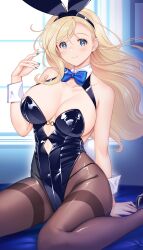 Rule 34 | 1girl, animal ear hairband, animal ears, black leotard, black pantyhose, blonde hair, blue bow, blue bowtie, blue eyes, bow, bowtie, breasts, cleavage, detached collar, fake animal ears, hairband, hataraki kuma, highres, large breasts, leotard, looking at viewer, original, pantyhose, playboy bunny, rabbit ears, rabbit tail, sitting, solo, strapless, strapless leotard, tail, thighband pantyhose, wariza, wavy mouth, window, wrist cuffs